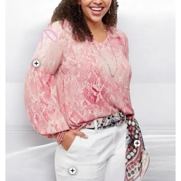 Cabi Bethany Snake Print Blouse Pink White Long Blouson Sleeve 5708 Women Large - Picture 3 of 11